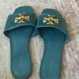 Tory Burch Teal Patent Slide Sandals with Gold Logo